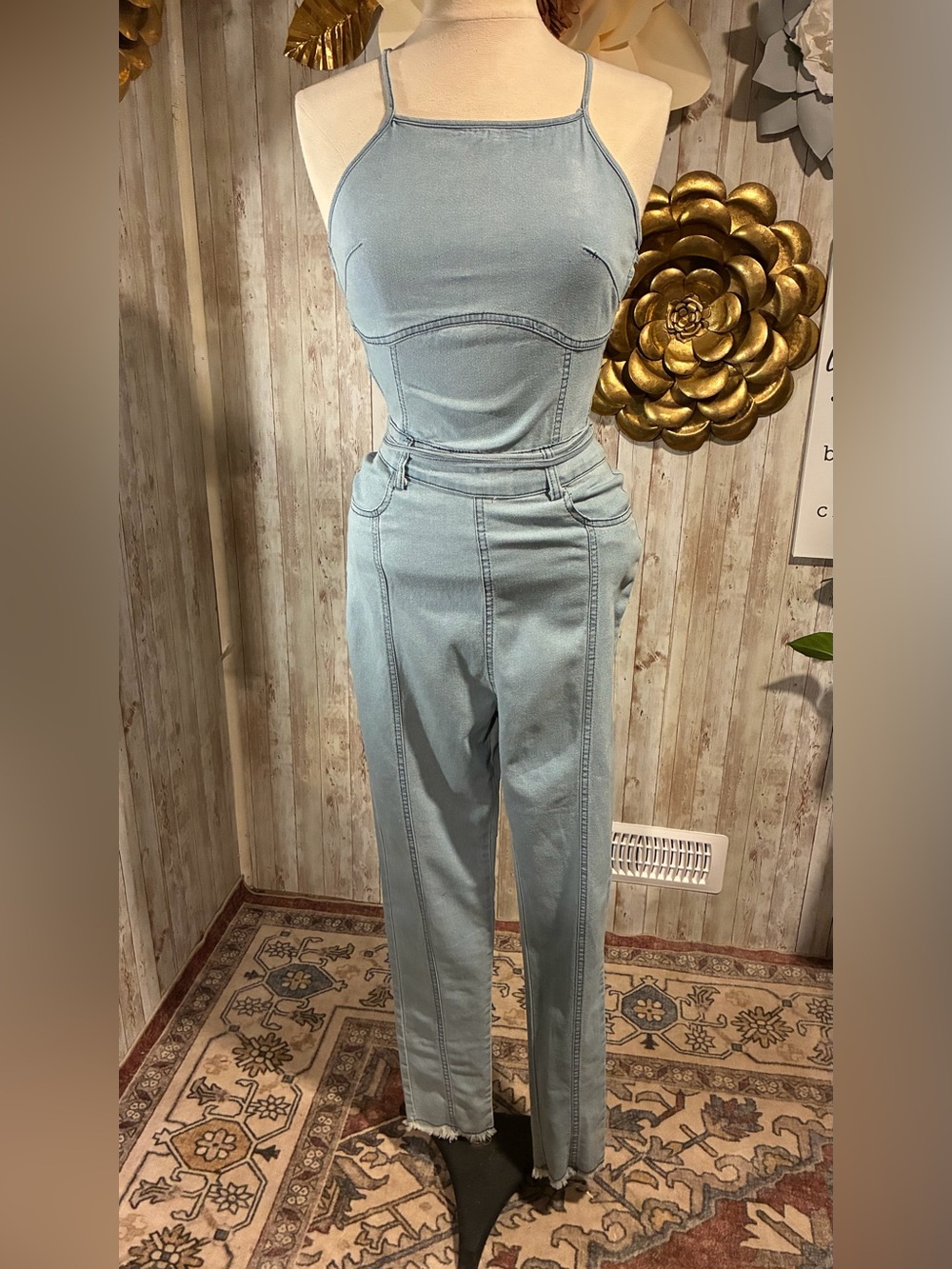 Light Blue Denim Jumpsuit . Stunning denim jumper with Straps. Tag missing